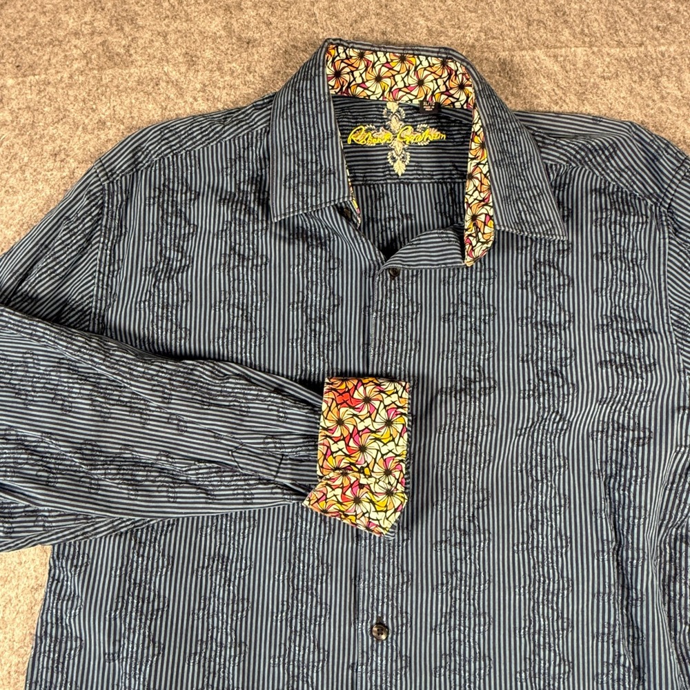 Robert Graham Button Down Mens XL Navy Blue Striped Embroidered Contrast Cuff